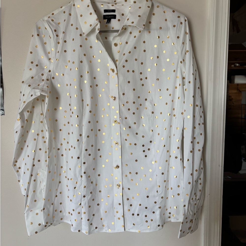 Talbots White Button Down Blouse Gold Polka Dot | Size 8 | Non-Iron